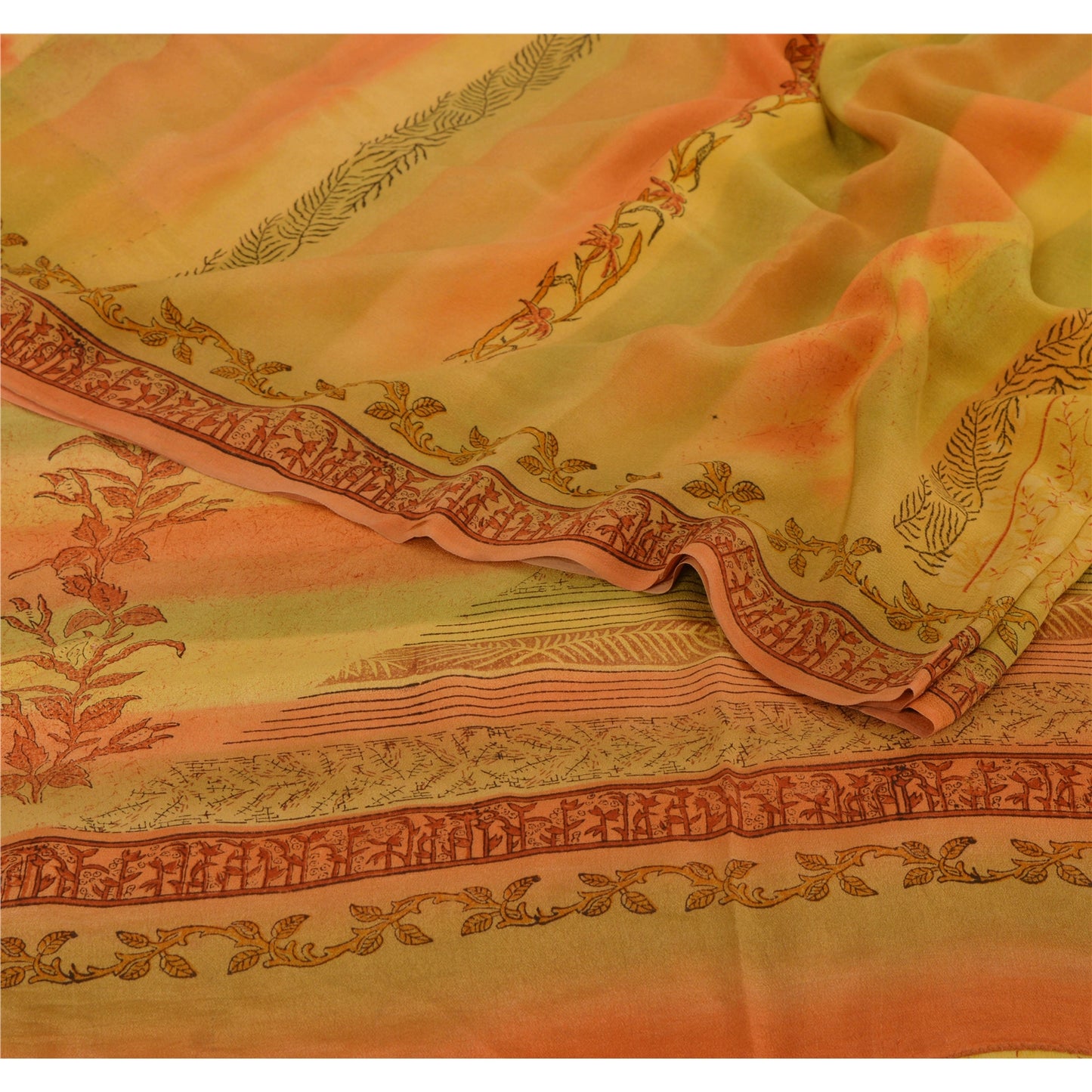 Sanskriti Vintage Yellow Sarees Pure Crepe Silk Printed Sari Craft 5 Yard Fabric