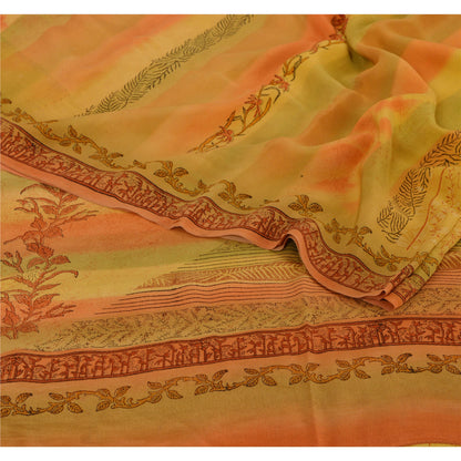 Sanskriti Vintage Yellow Sarees Pure Crepe Silk Printed Sari Craft 5 Yard Fabric
