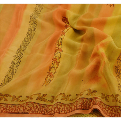 Sanskriti Vintage Yellow Sarees Pure Crepe Silk Printed Sari Craft 5 Yard Fabric