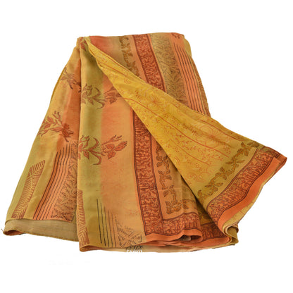 Sanskriti Vintage Yellow Sarees Pure Crepe Silk Printed Sari Craft 5 Yard Fabric