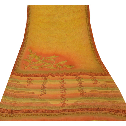 Sanskriti Vintage Yellow Sarees Pure Crepe Silk Printed Sari Craft 5 Yard Fabric