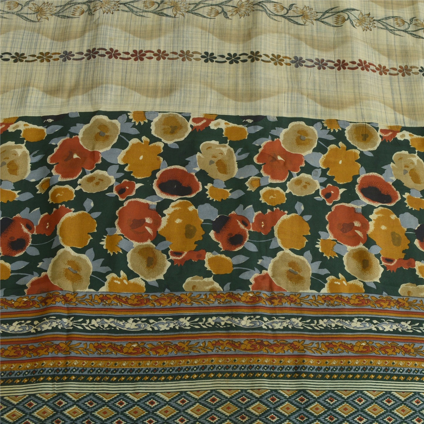 Sanskriti Vintage Sarees Pale-Cream Pure Crepe Silk Printed Sari Craft Sustainable Fabric