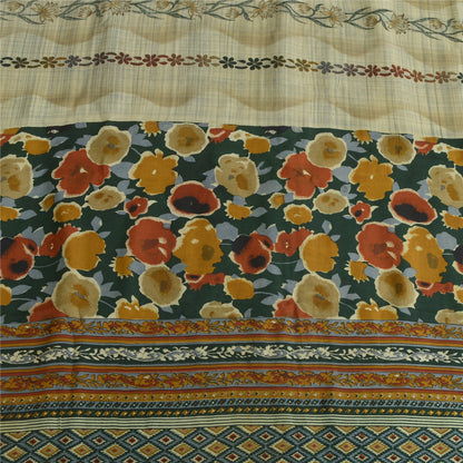 Sanskriti Vintage Sarees Pale-Cream Pure Crepe Silk Printed Sari Craft Sustainable Fabric