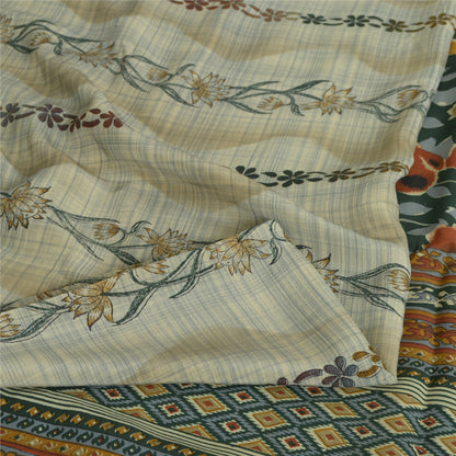 Sanskriti Vintage Sarees Pale-Cream Pure Crepe Silk Printed Sari Craft Sustainable Fabric