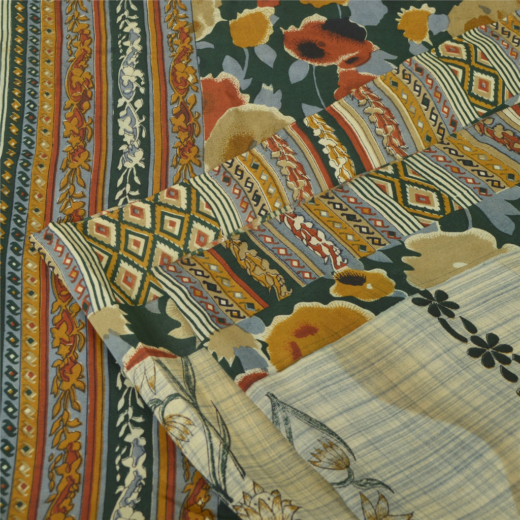 Sanskriti Vintage Sarees Pale-Cream Pure Crepe Silk Printed Sari Craft Sustainable Fabric