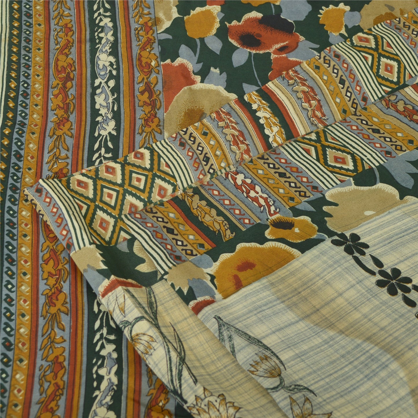 Sanskriti Vintage Sarees Pale-Cream Pure Crepe Silk Printed Sari Craft Sustainable Fabric