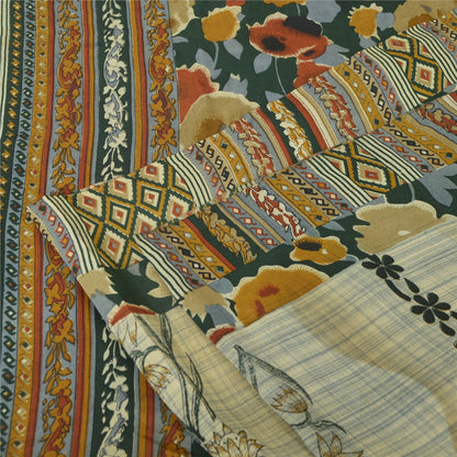 Sanskriti Vintage Sarees Pale-Cream Pure Crepe Silk Printed Sari Craft Sustainable Fabric