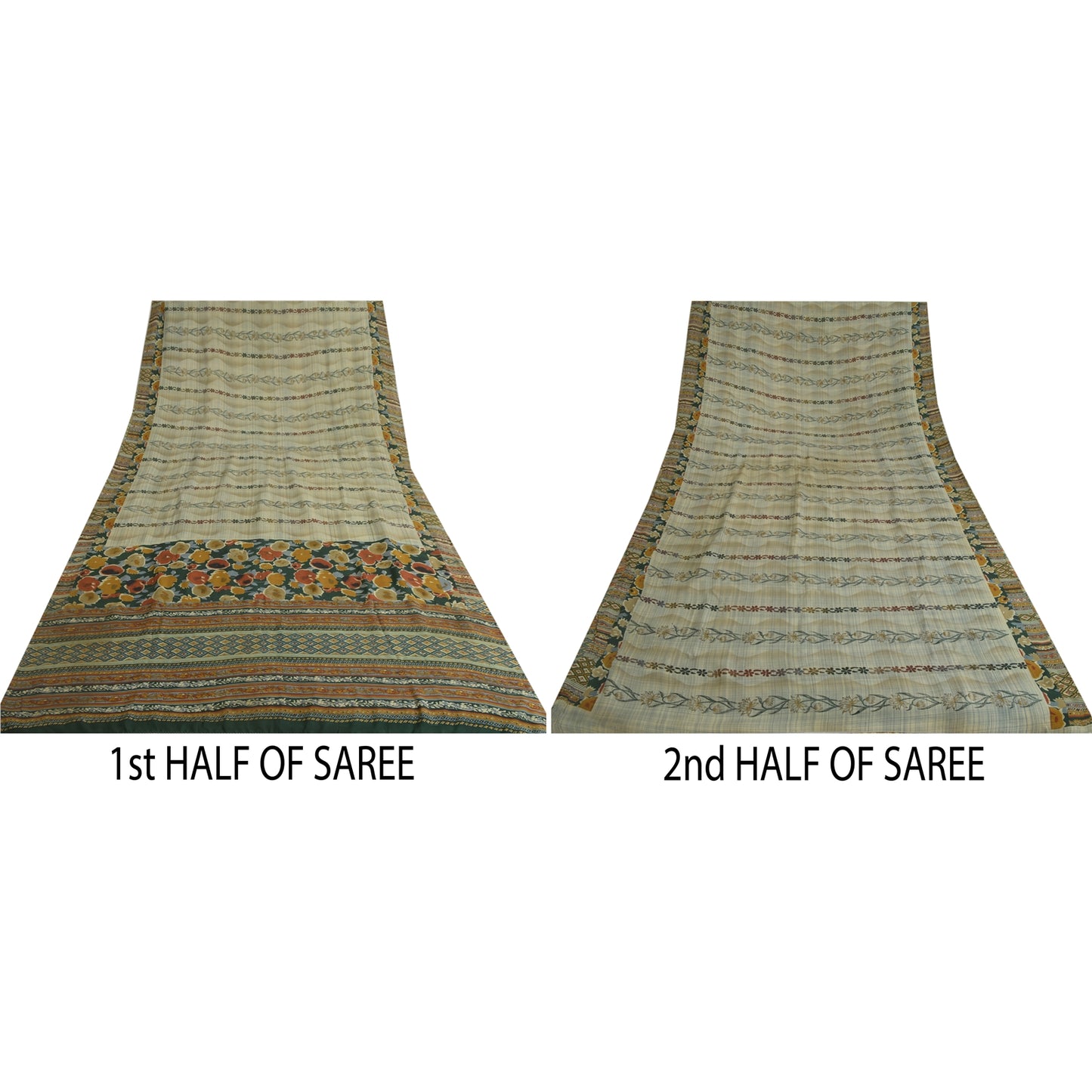 Sanskriti Vintage Sarees Pale-Cream Pure Crepe Silk Printed Sari Craft Sustainable Fabric