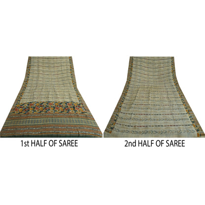 Sanskriti Vintage Sarees Pale-Cream Pure Crepe Silk Printed Sari Craft Sustainable Fabric