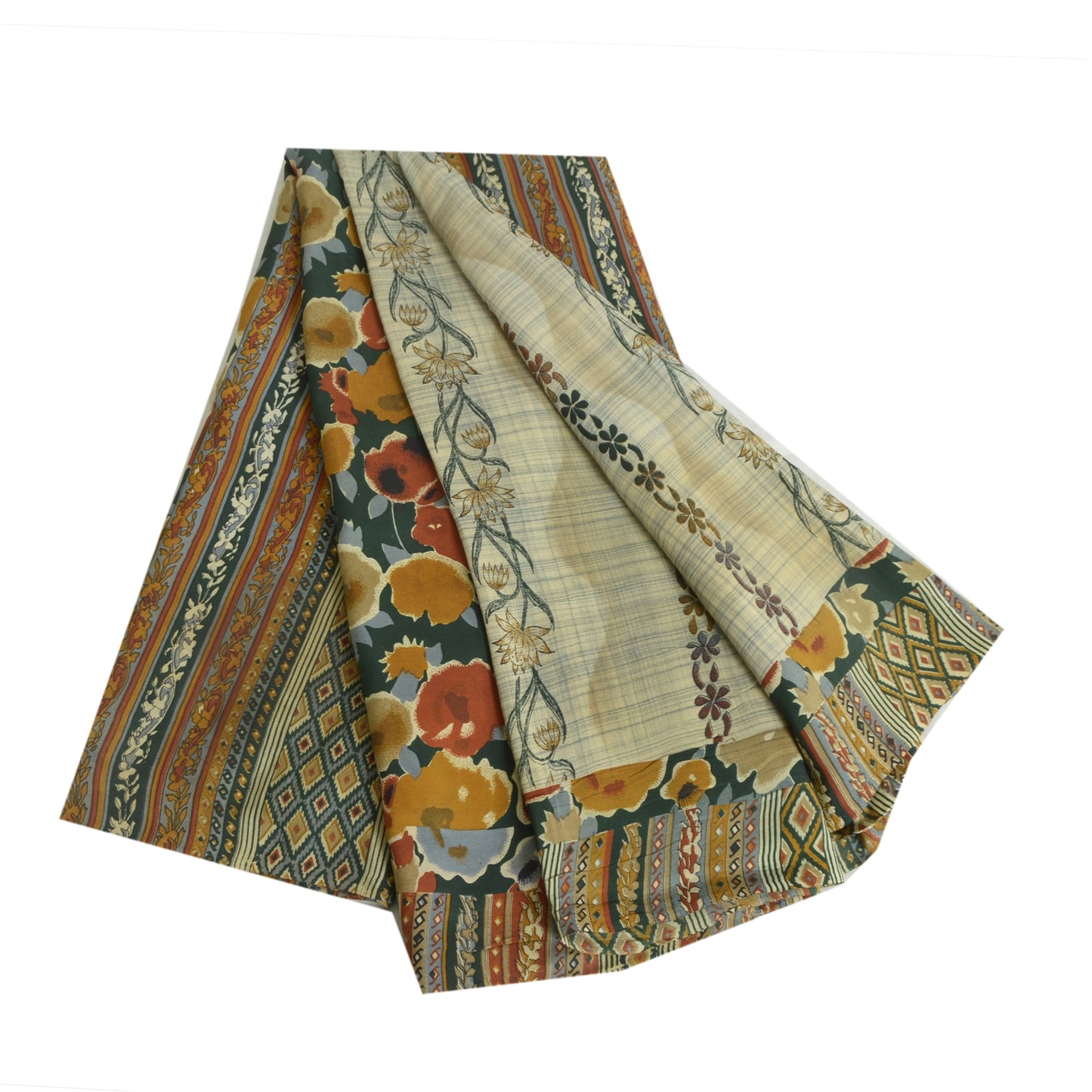 Sanskriti Vintage Sarees Pale-Cream Pure Crepe Silk Printed Sari Craft Sustainable Fabric