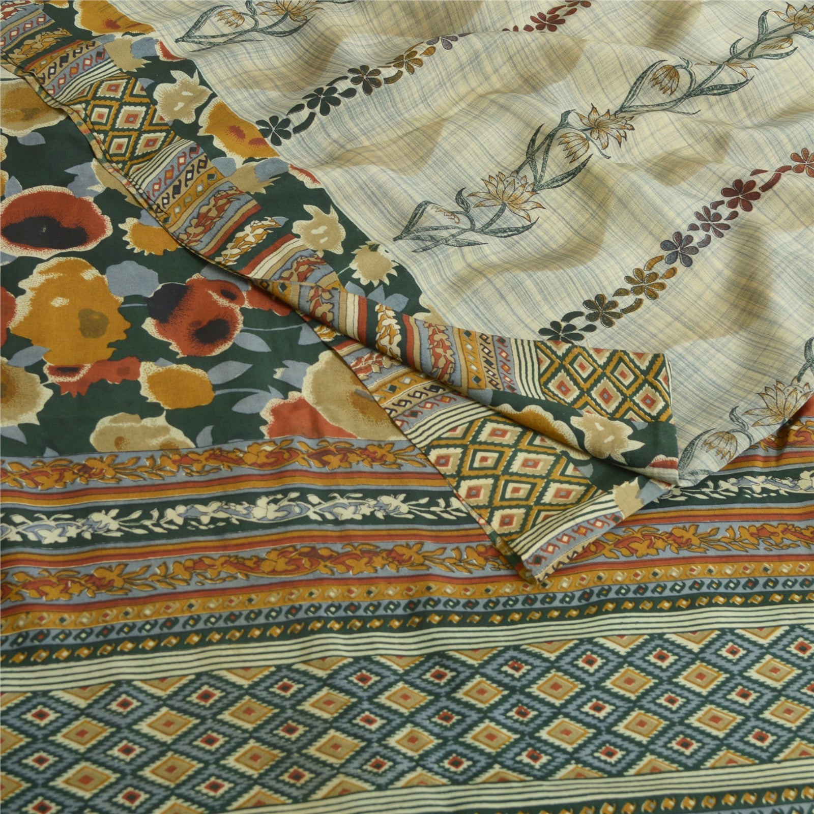 Sanskriti Vintage Sari 100% Pure Crepe Silk Saree Pale Cream Printed 5+yd indian Craft Fabric Bohemian Fabric for Dressmaking or Craft Supplies