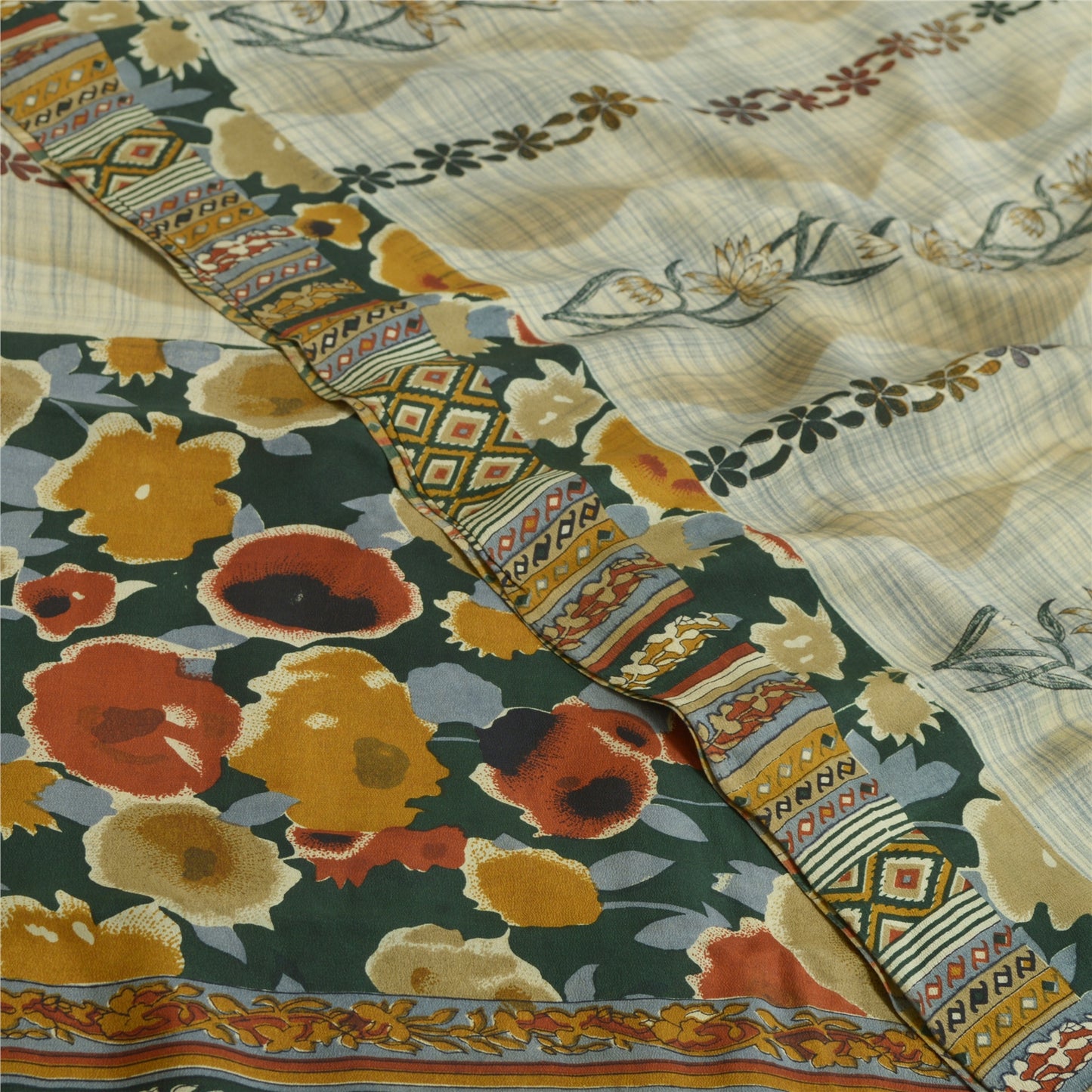 Sanskriti Vintage Sarees Pale-Cream Pure Crepe Silk Printed Sari Craft Sustainable Fabric