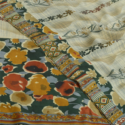 Sanskriti Vintage Sarees Pale-Cream Pure Crepe Silk Printed Sari Craft Sustainable Fabric