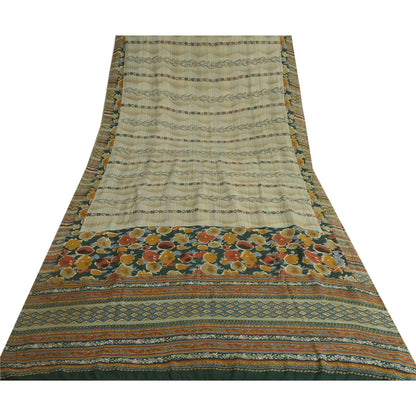 Sanskriti Vintage Sarees Pale-Cream Pure Crepe Silk Printed Sari Craft Sustainable Fabric