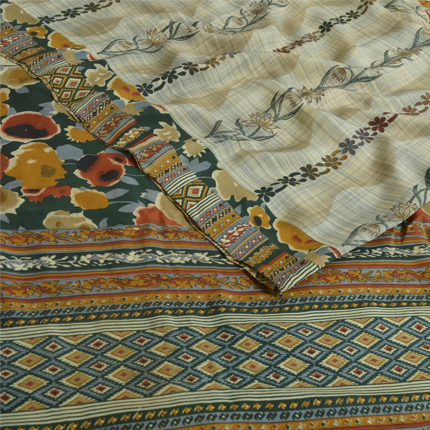 Sanskriti Vintage Sarees Pale-Cream Pure Crepe Silk Printed Sari Craft Sustainable Fabric