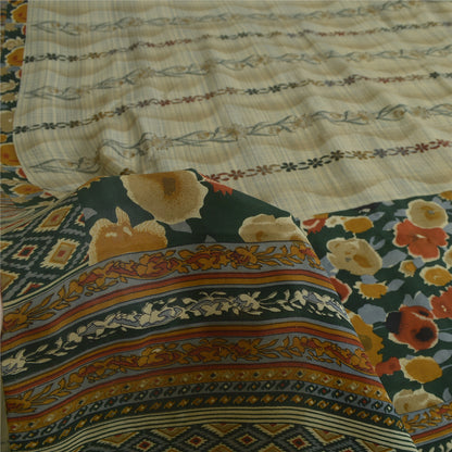 Sanskriti Vintage Sarees Pale-Cream Pure Crepe Silk Printed Sari Craft Sustainable Fabric