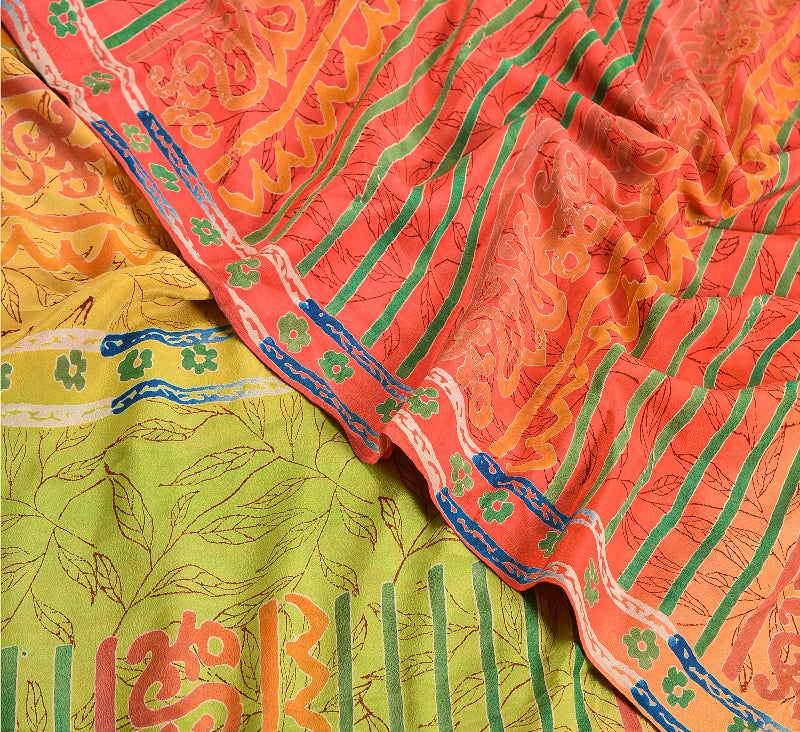 Sanskriti Vintage Sarees Indian Multi Printed Pure Crepe Silk Sari Craft Sustainable Fabric