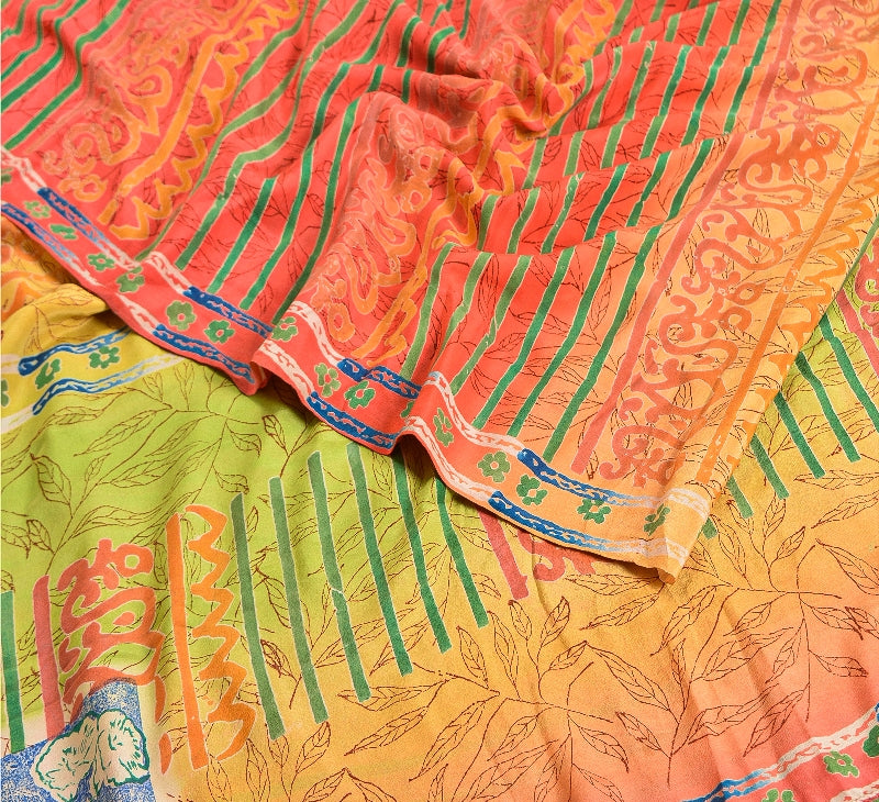 Sanskriti Vintage Sarees Indian Multi Printed Pure Crepe Silk Sari Craft Sustainable Fabric