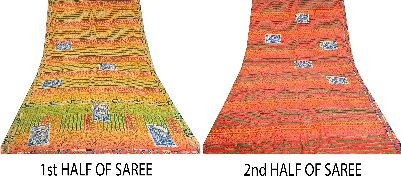 Sanskriti Vintage Sarees Indian Multi Printed Pure Crepe Silk Sari Craft Sustainable Fabric