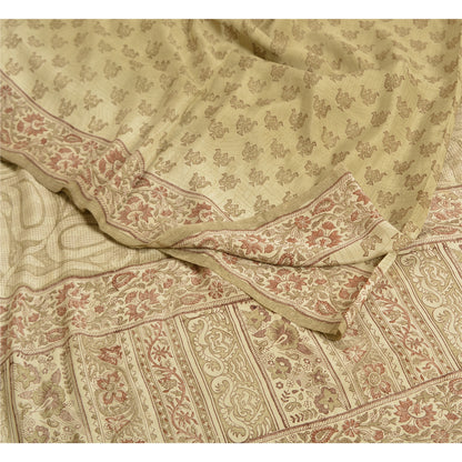 Sanskriti Vintage Sarees PaleCream Pure Crepe Silk Printed Sari 5yd Craft Fabric