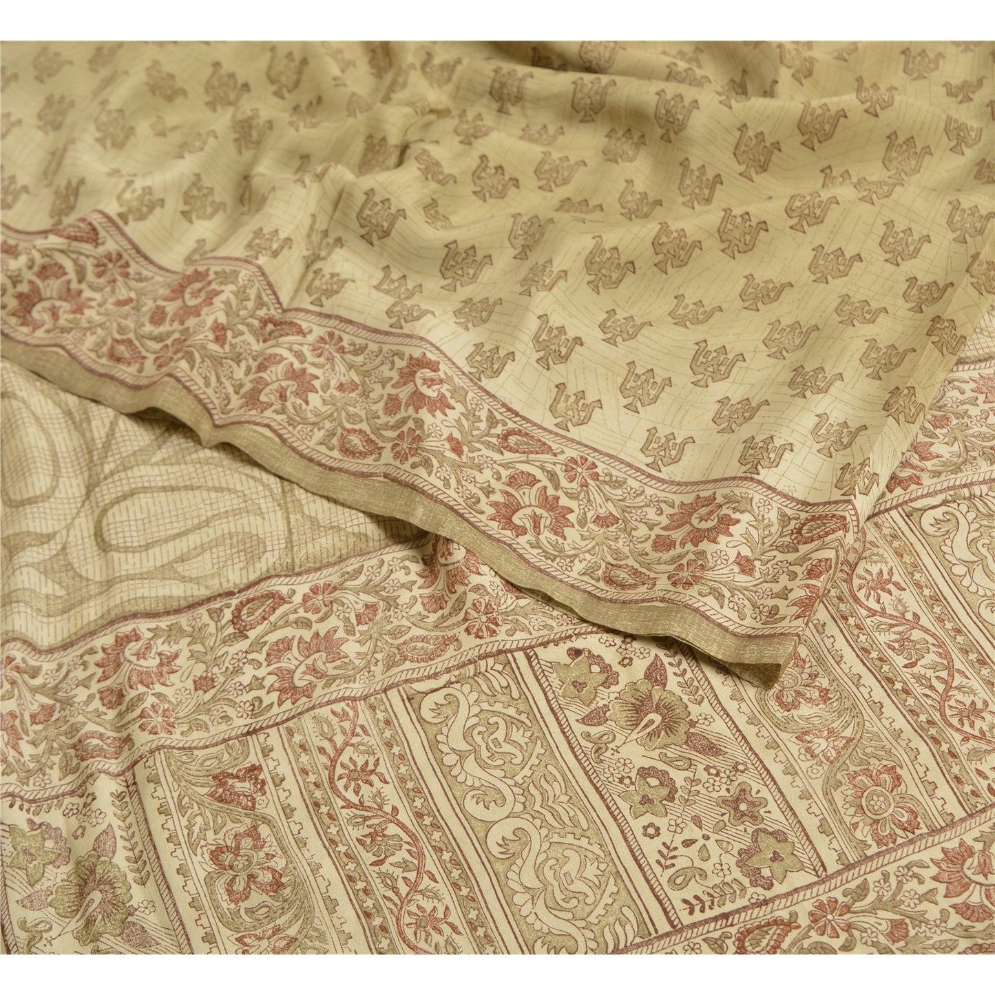 Sanskriti Vintage Sarees PaleCream Pure Crepe Silk Printed Sari 5yd Craft Fabric