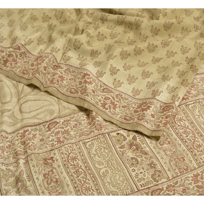 Sanskriti Vintage Sarees PaleCream Pure Crepe Silk Printed Sari 5yd Craft Fabric