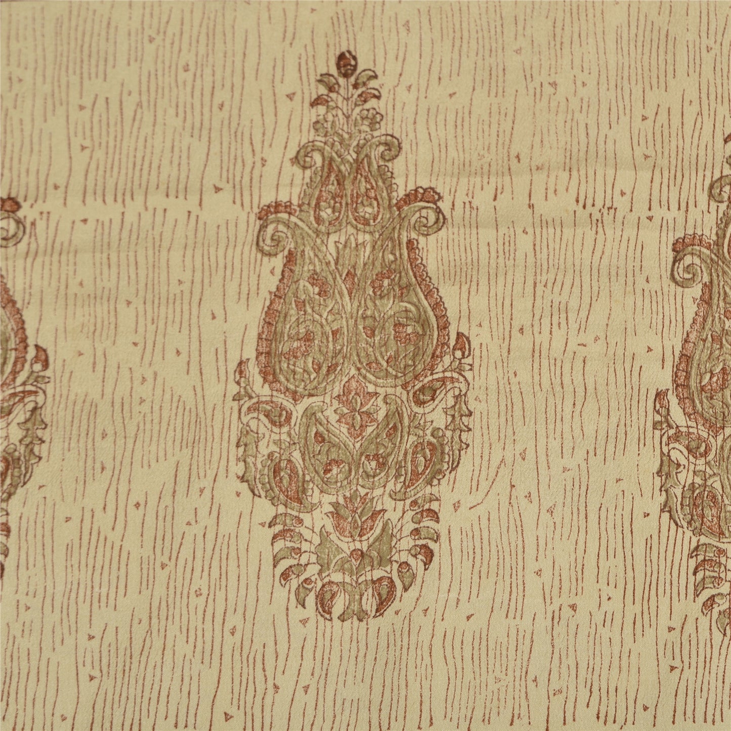 Sanskriti Vintage Sarees PaleCream Pure Crepe Silk Printed Sari 5yd Craft Fabric