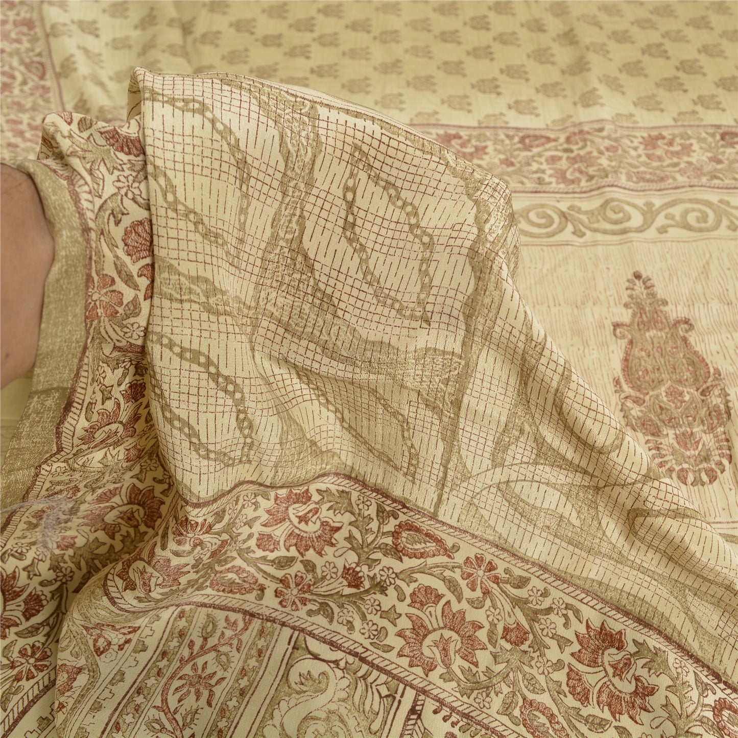 Sanskriti Vintage Sarees PaleCream Pure Crepe Silk Printed Sari 5yd Craft Fabric