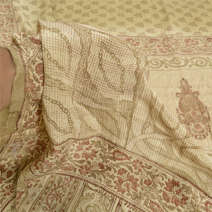 Sanskriti Vintage Sarees PaleCream Pure Crepe Silk Printed Sari 5yd Craft Fabric