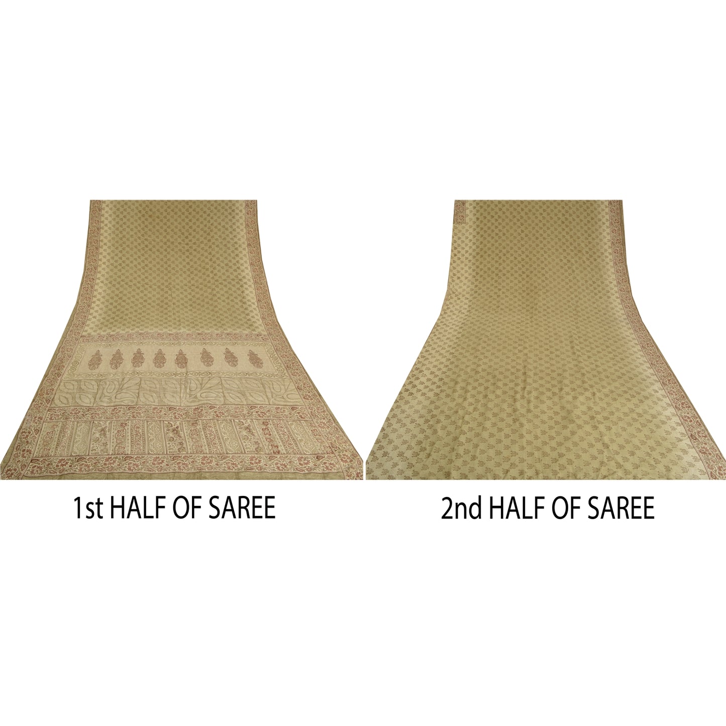 Sanskriti Vintage Sarees PaleCream Pure Crepe Silk Printed Sari 5yd Craft Fabric