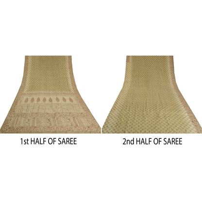 Sanskriti Vintage Sarees PaleCream Pure Crepe Silk Printed Sari 5yd Craft Fabric