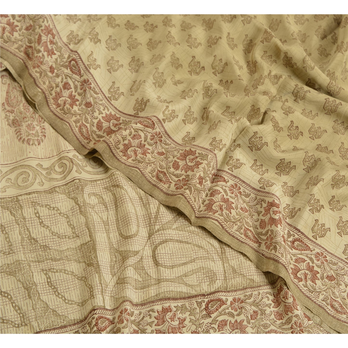 Sanskriti Vintage Sarees PaleCream Pure Crepe Silk Printed Sari 5yd Craft Fabric