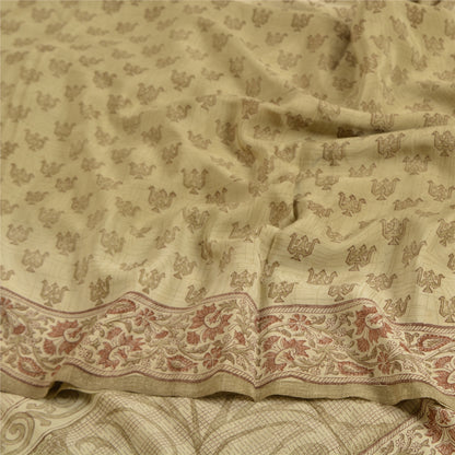 Sanskriti Vintage Sarees PaleCream Pure Crepe Silk Printed Sari 5yd Craft Fabric