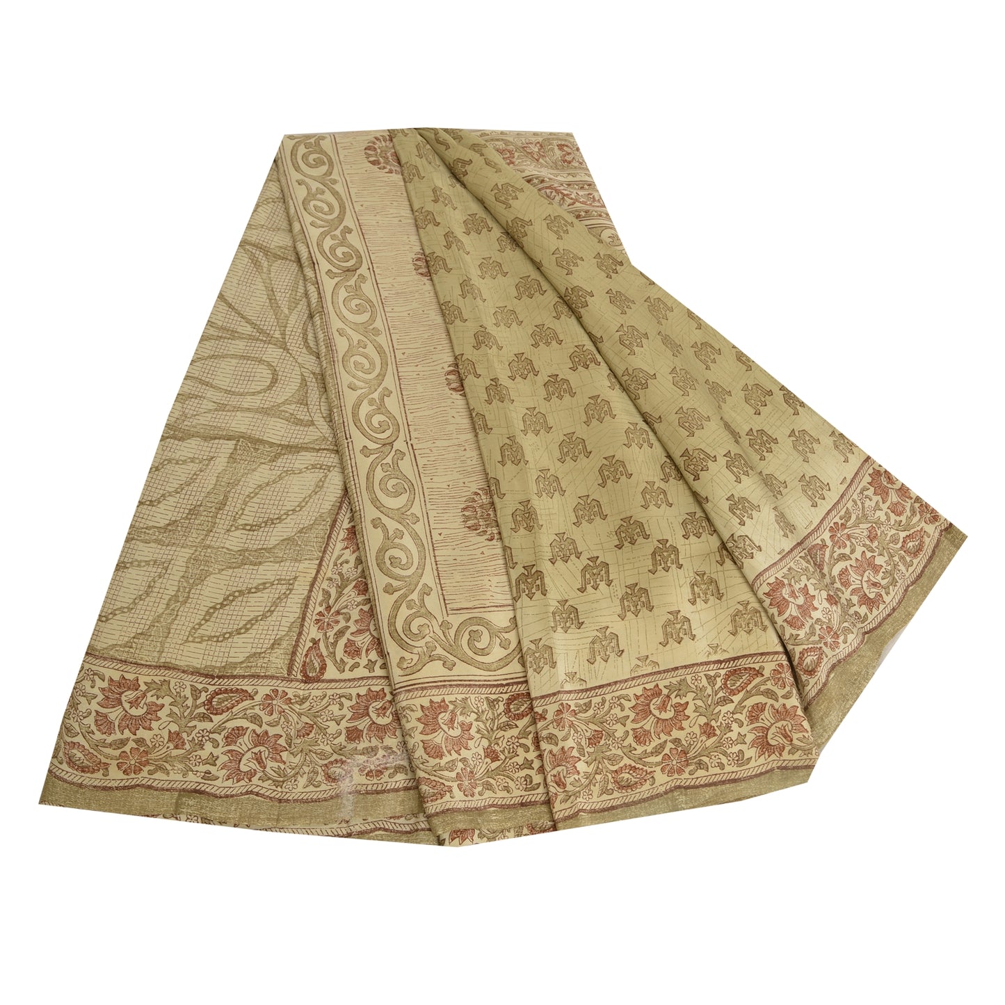 Sanskriti Vintage Sarees PaleCream Pure Crepe Silk Printed Sari 5yd Craft Fabric