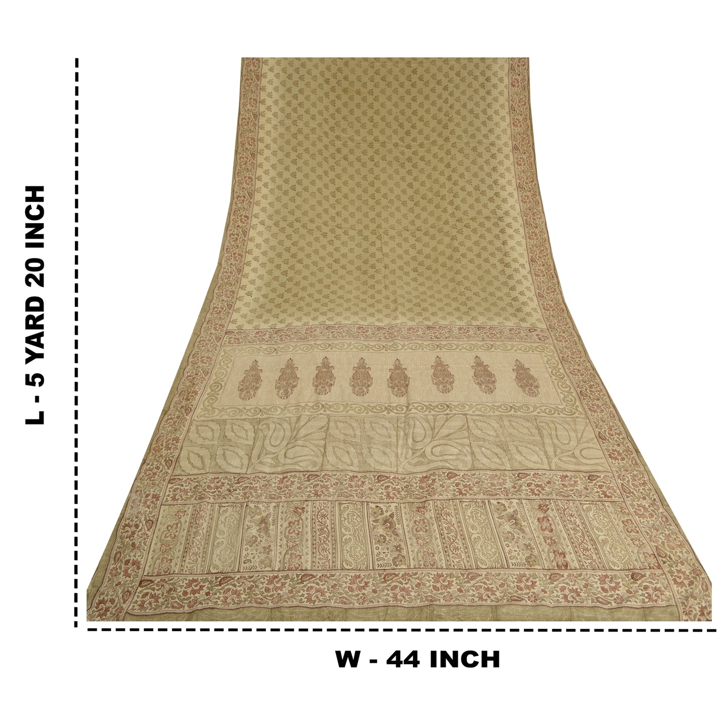 Sanskriti Vintage Sarees PaleCream Pure Crepe Silk Printed Sari 5yd Craft Fabric