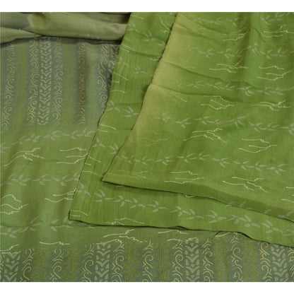 Sanskriti Vintage Sarees Green Indian Pure Crepe Silk Printed Sari Craft Fabric