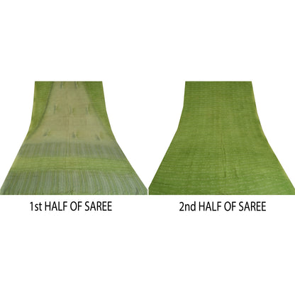 Sanskriti Vintage Sarees Green Indian Pure Crepe Silk Printed Sari Craft Fabric