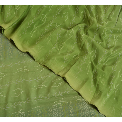 Sanskriti Vintage Sarees Green Indian Pure Crepe Silk Printed Sari Craft Fabric