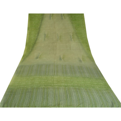 Sanskriti Vintage Sarees Green Indian Pure Crepe Silk Printed Sari Craft Fabric