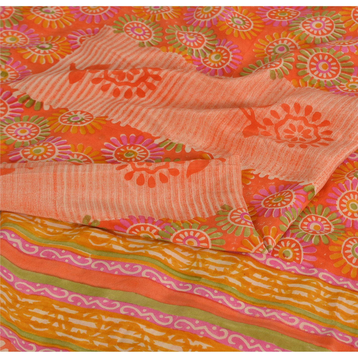 Sanskriti Vintage Sarees Indian Multi Pure Crepe Silk Printed Sari Craft Fabric