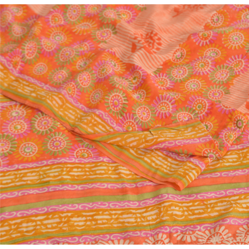 Sanskriti Vintage Sarees Indian Multi Pure Crepe Silk Printed Sari Craft Fabric