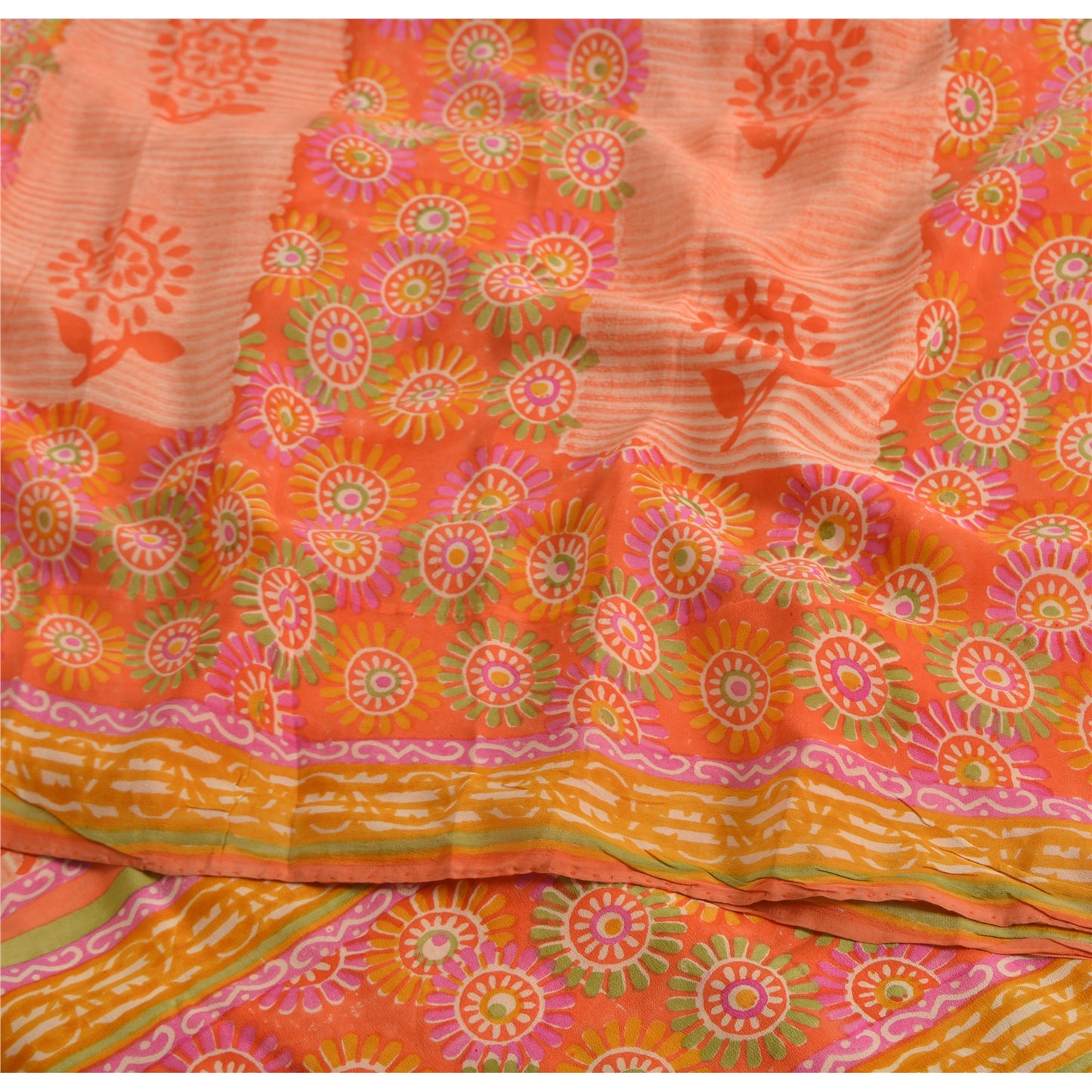 Sanskriti Vintage Sarees Indian Multi Pure Crepe Silk Printed Sari Craft Fabric