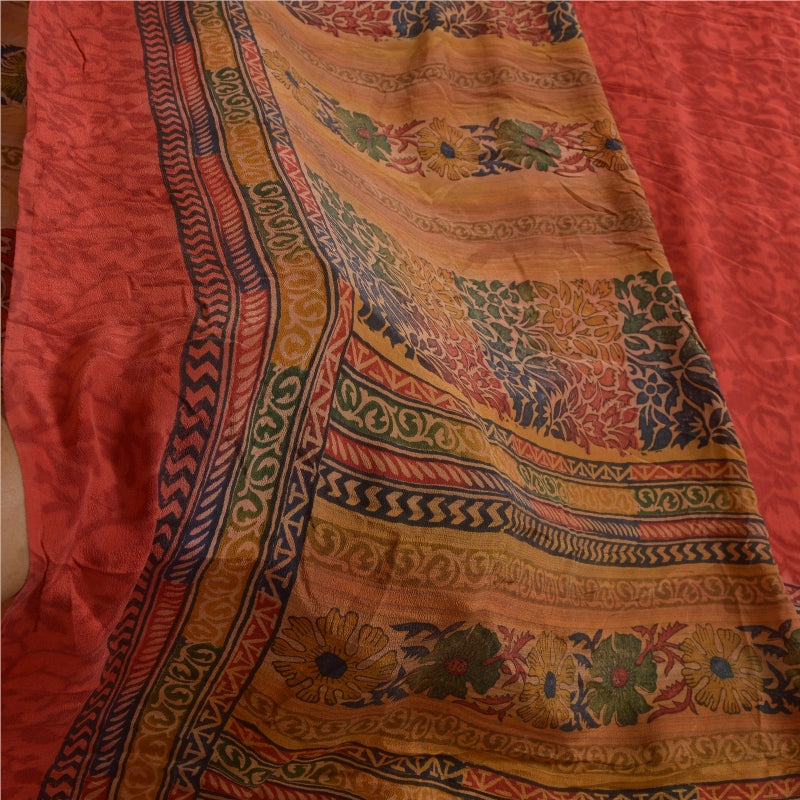 Sanskriti Vintage Sarees Red Indian Pure Crepe Silk Printed Sari Craft Sustainable Fabric
