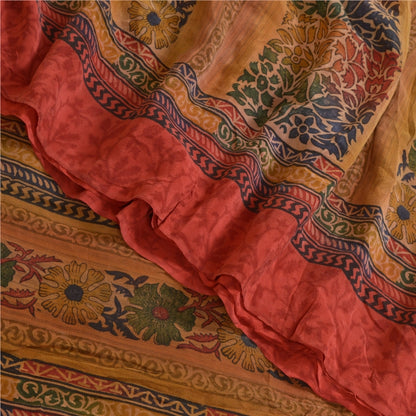 Sanskriti Vintage Sarees Red Indian Pure Crepe Silk Printed Sari Craft Sustainable Fabric