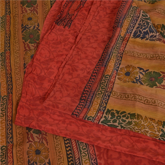 Sanskriti Vintage Sarees Red Indian Pure Crepe Silk Printed Sari Craft Sustainable Fabric