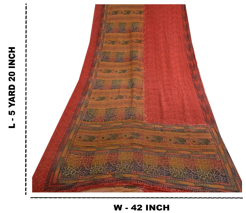 Sanskriti Vintage Sarees Red Indian Pure Crepe Silk Printed Sari Craft Sustainable Fabric