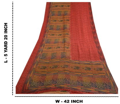 Sanskriti Vintage Sarees Red Indian Pure Crepe Silk Printed Sari Craft Sustainable Fabric