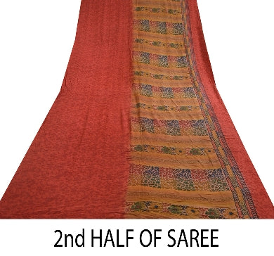 Sanskriti Vintage Sarees Red Indian Pure Crepe Silk Printed Sari Craft Sustainable Fabric