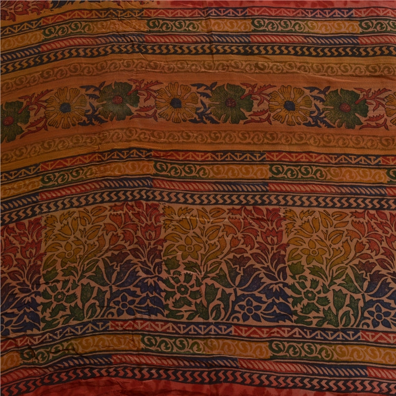Sanskriti Vintage Sarees Red Indian Pure Crepe Silk Printed Sari Craft Sustainable Fabric
