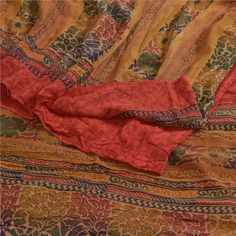 Sanskriti Vintage Sarees Red Indian Pure Crepe Silk Printed Sari Craft Sustainable Fabric
